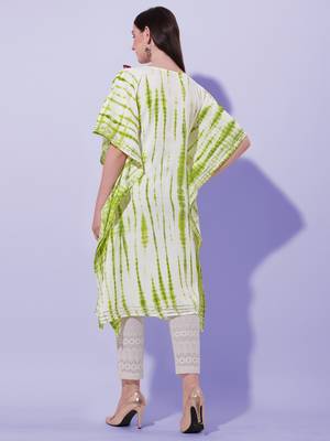 Green Off White Shibori Printed Mirror Gotta Patti Rayon Kaftan Kurta 3