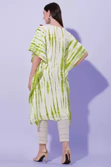 Green Off White Shibori Printed Mirror Gotta Patti Rayon Kaftan Kurta