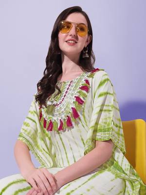 Green Off White Shibori Printed Mirror Gotta Patti Rayon Kaftan Kurta 4