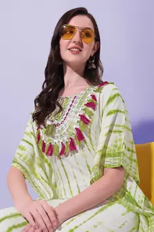 Green Off White Shibori Printed Mirror Gotta Patti Rayon Kaftan Kurta