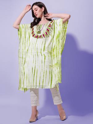 Green Off White Shibori Printed Mirror Gotta Patti Rayon Kaftan Kurta 5
