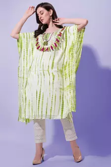 Green Off White Shibori Printed Mirror Gotta Patti Rayon Kaftan Kurta