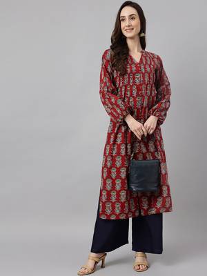 Maroon printed cotton ethnic-kurtis 1