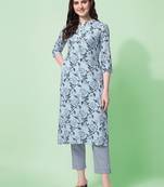 Grey Botanical Floral Printed Stand Patti Rayon Straight Kurta