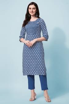 Blue Jaipuri Printed Pin Tuck Plastic Mirror Rayon Straight Kurta