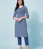 Blue Jaipuri Printed Pin Tuck Plastic Mirror Rayon Straight Kurta