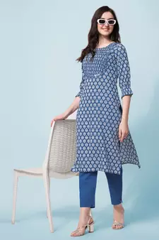 Blue Jaipuri Printed Pin Tuck Plastic Mirror Rayon Straight Kurta