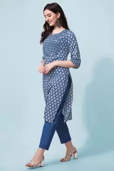Blue Jaipuri Printed Pin Tuck Plastic Mirror Rayon Straight Kurta