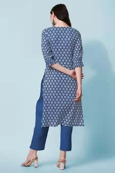 Blue Jaipuri Printed Pin Tuck Plastic Mirror Rayon Straight Kurta