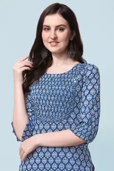 Blue Jaipuri Printed Pin Tuck Plastic Mirror Rayon Straight Kurta