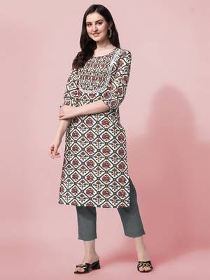 White Blue Jaipuri Printed Pin Tuck Plastic Mirror Rayon Straight Kurta 1