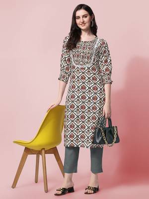White Blue Jaipuri Printed Pin Tuck Plastic Mirror Rayon Straight Kurta 2