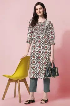 White Blue Jaipuri Printed Pin Tuck Plastic Mirror Rayon Straight Kurta