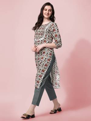 White Blue Jaipuri Printed Pin Tuck Plastic Mirror Rayon Straight Kurta 3