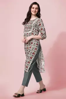 White Blue Jaipuri Printed Pin Tuck Plastic Mirror Rayon Straight Kurta
