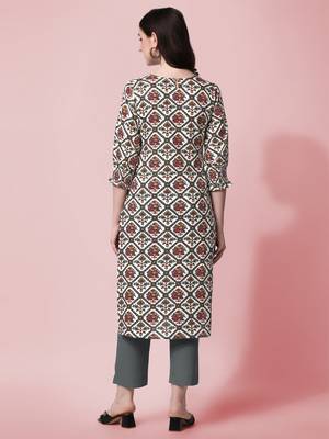 White Blue Jaipuri Printed Pin Tuck Plastic Mirror Rayon Straight Kurta 4