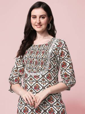 White Blue Jaipuri Printed Pin Tuck Plastic Mirror Rayon Straight Kurta 5