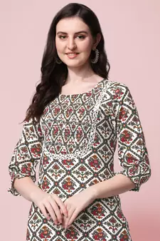 White Blue Jaipuri Printed Pin Tuck Plastic Mirror Rayon Straight Kurta