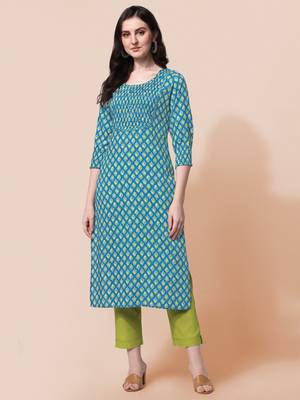 Sky Blue Jaipuri Printed Pin Tuck Plastic Mirror Rayon Straight Kurta 1