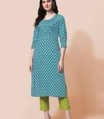 Sky Blue Jaipuri Printed Pin Tuck Plastic Mirror Rayon Straight Kurta