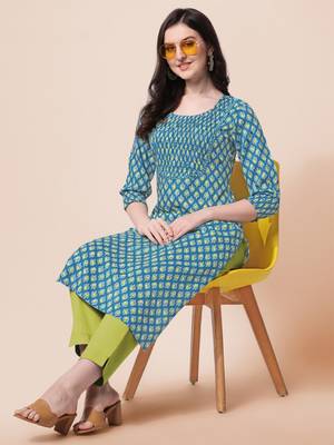 Sky Blue Jaipuri Printed Pin Tuck Plastic Mirror Rayon Straight Kurta 2
