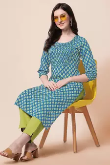 Sky Blue Jaipuri Printed Pin Tuck Plastic Mirror Rayon Straight Kurta