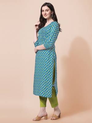 Sky Blue Jaipuri Printed Pin Tuck Plastic Mirror Rayon Straight Kurta 3