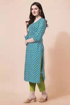 Sky Blue Jaipuri Printed Pin Tuck Plastic Mirror Rayon Straight Kurta