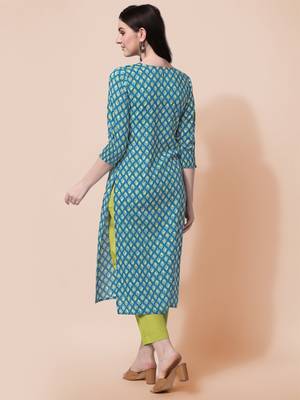 Sky Blue Jaipuri Printed Pin Tuck Plastic Mirror Rayon Straight Kurta 4