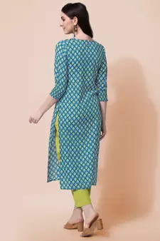 Sky Blue Jaipuri Printed Pin Tuck Plastic Mirror Rayon Straight Kurta