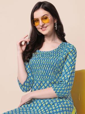 Sky Blue Jaipuri Printed Pin Tuck Plastic Mirror Rayon Straight Kurta 5