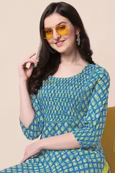Sky Blue Jaipuri Printed Pin Tuck Plastic Mirror Rayon Straight Kurta