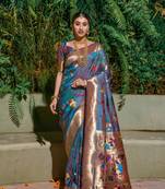 Turquoise Woven Paithani Silk Blend Saree With Blouse