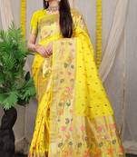 Yellow woven Faux kanchipuram silk saree with blouse