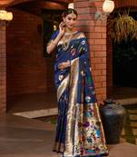 Navy Blue Woven Paithani Silk Blend Saree With Blouse