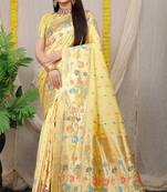 Light yellow woven Faux kanchipuram silk saree with blouse