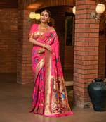 Pink Woven Paithani Silk Blend Saree With Blouse