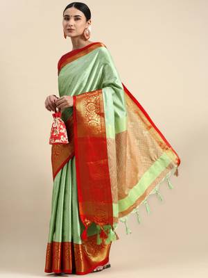 Olive Woven Cotton Silk Saree With Blouse 2