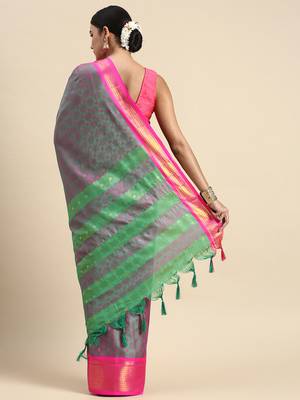 Green Woven Cotton Silk Saree With Blouse 3