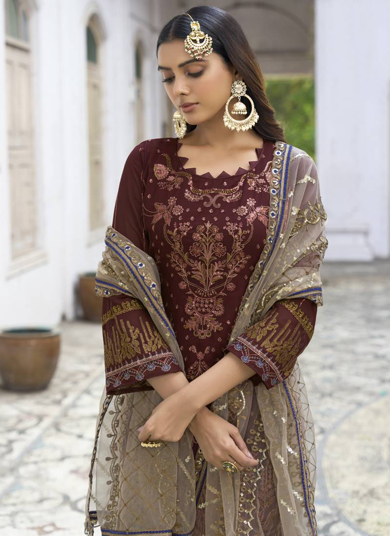 Brown embroidered net salwar
