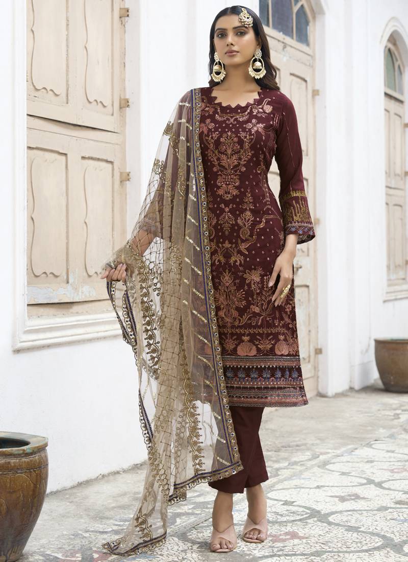 Brown embroidered net salwar
