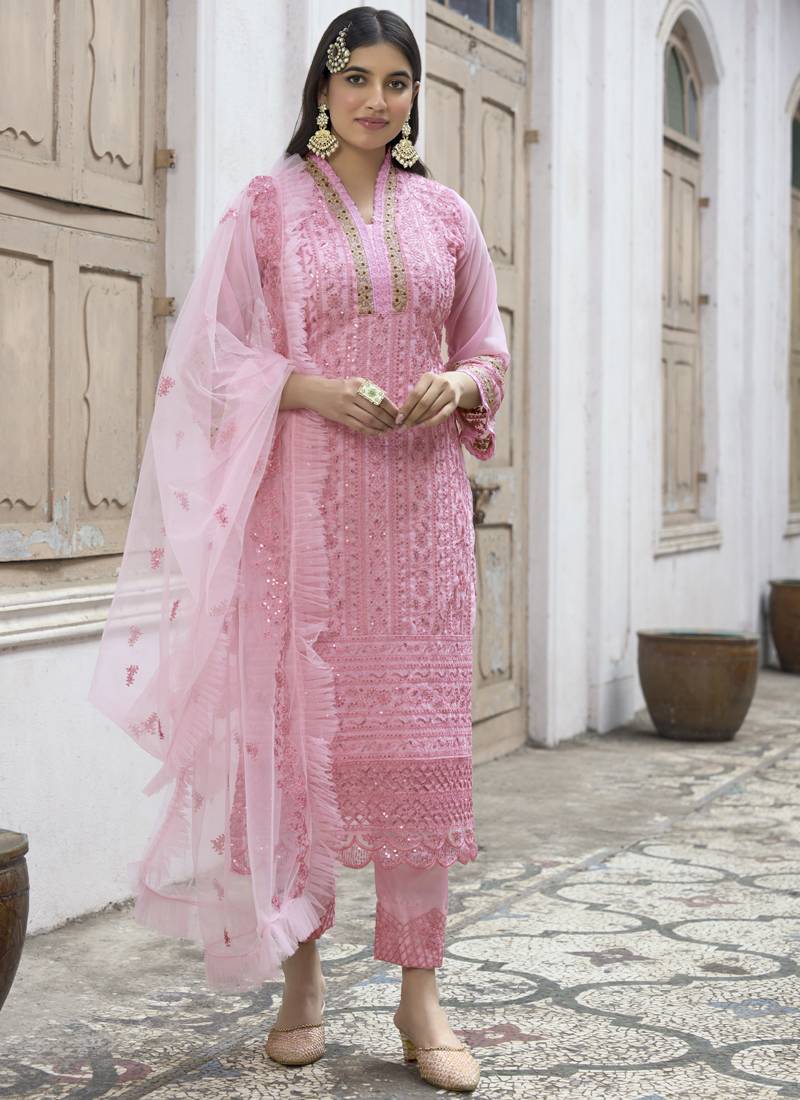 Pink embroidered net salwar