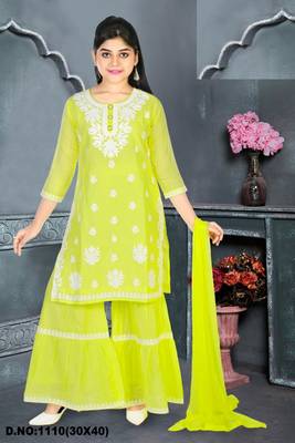 Aura Girls Ethnic Cotton Mulmul Sharara Suit With Chiffon Dupatta(1110_Parent) 1