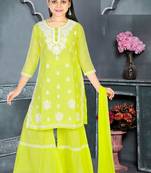 Aura Girls Ethnic Cotton Mulmul Sharara Suit With Chiffon Dupatta(1110_Parent)