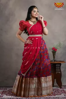 Shivangi Girls Pink Organza Floral Creeper Half Saree | Langa Davani