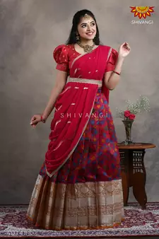 Shivangi Girls Pink Organza Floral Creeper Half Saree | Langa Davani