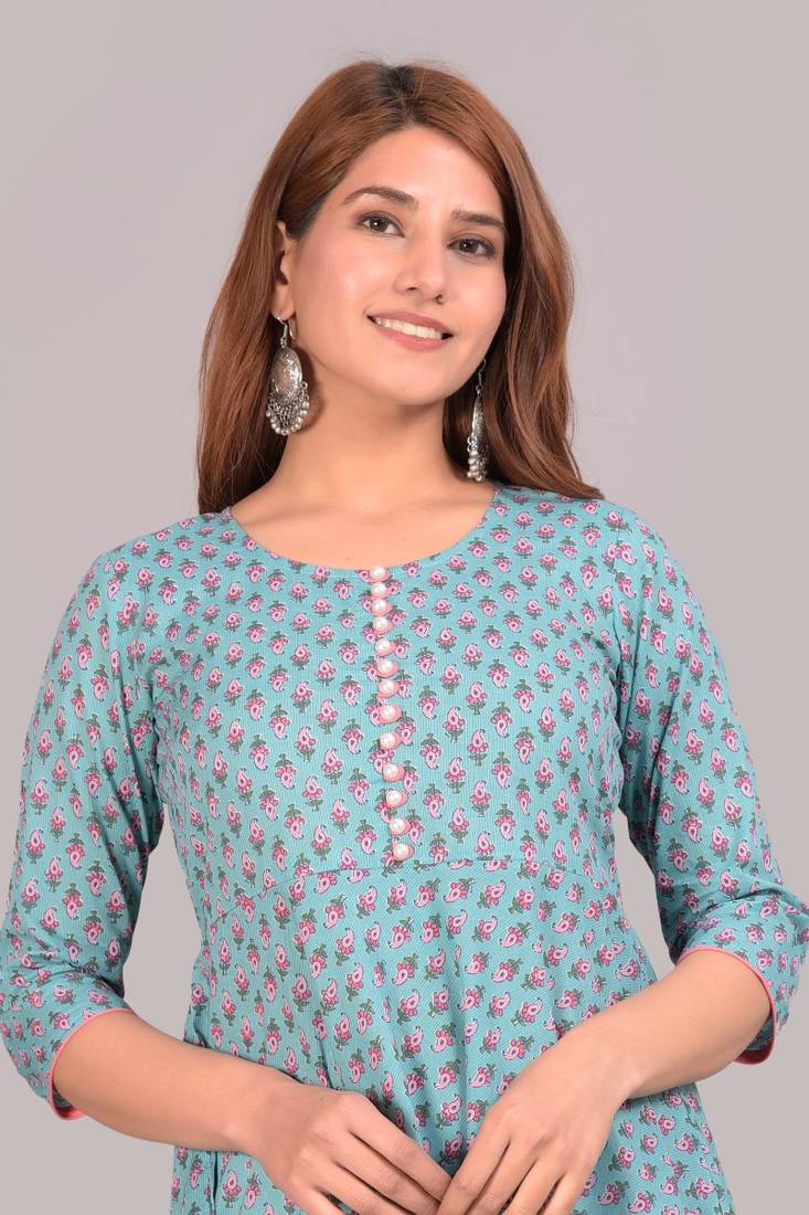COTLAND FASHION Jaipuri Cotton Floral Printed Anarkali/Flared Kurti for Women (High in The Sky Blue)