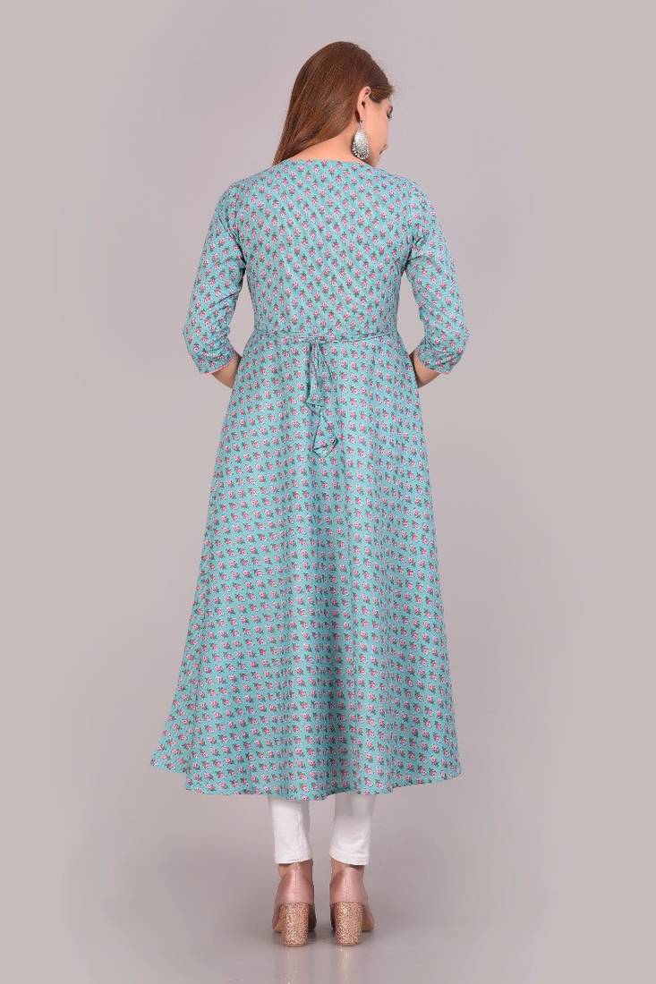 COTLAND FASHION Jaipuri Cotton Floral Printed Anarkali/Flared Kurti for Women (High in The Sky Blue)