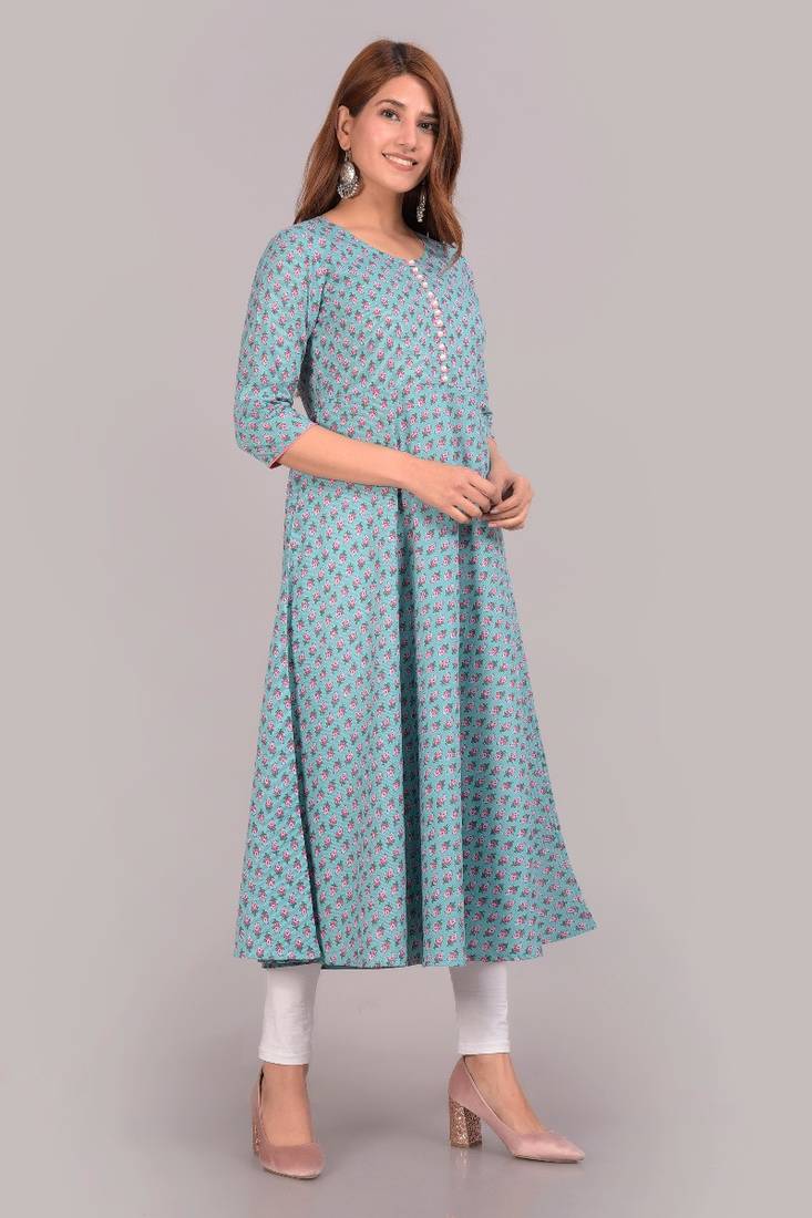 COTLAND FASHION Jaipuri Cotton Floral Printed Anarkali/Flared Kurti for Women (High in The Sky Blue)