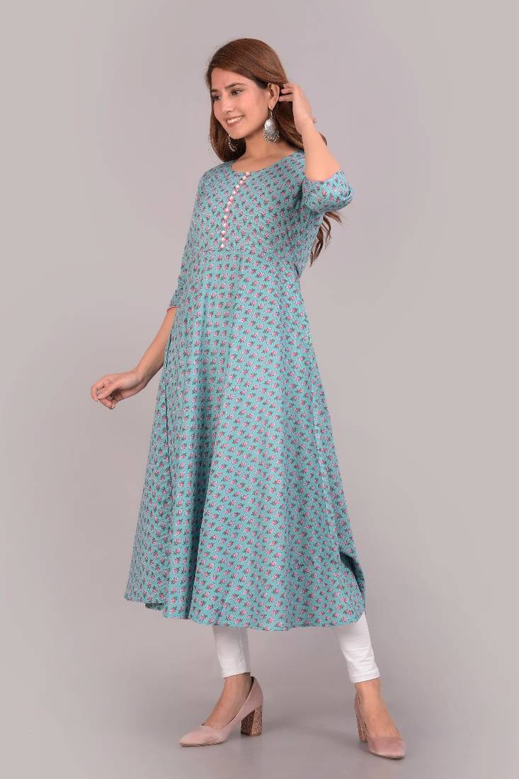 COTLAND FASHION Jaipuri Cotton Floral Printed Anarkali/Flared Kurti for Women (High in The Sky Blue)